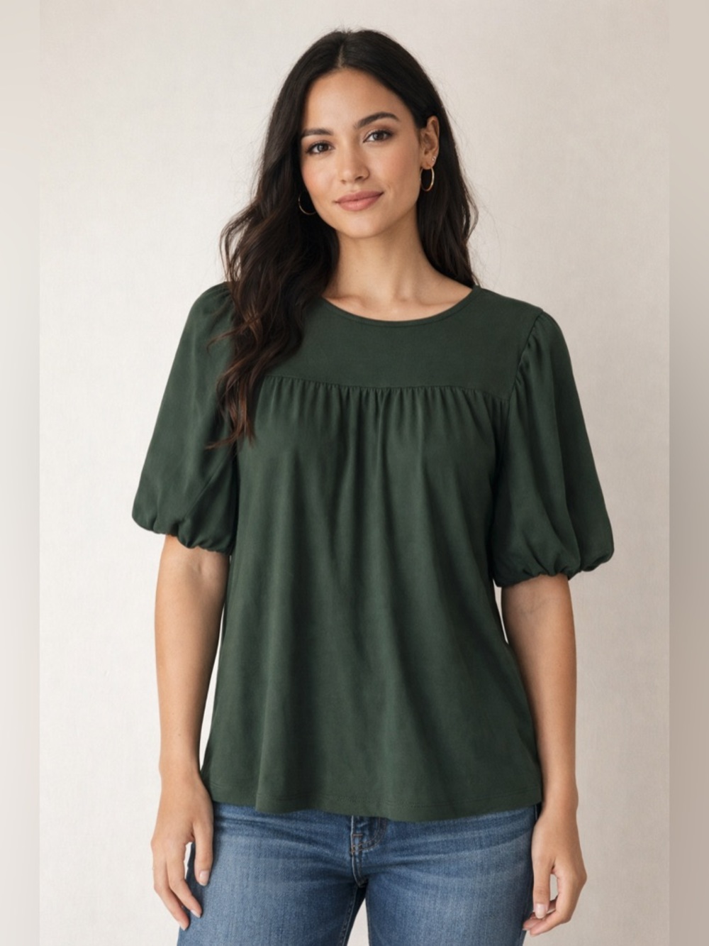 Doe & Rae Forest Green Puff Sleeve Flowy Blouse Small